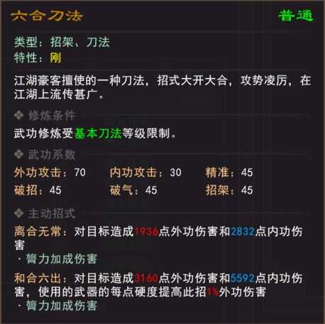 《我来自江湖》六合刀法武学属性效果一览