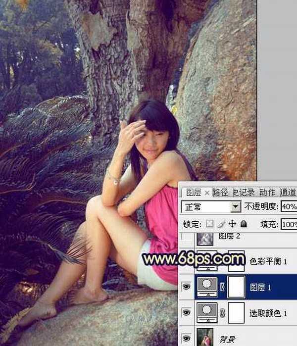 Photoshop将给公园美女图片添加上柔和的蓝黄色效果