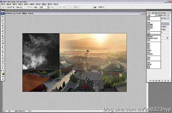 Photoshop将给古建筑图片加上朦胧的霞光烟雾效果效果