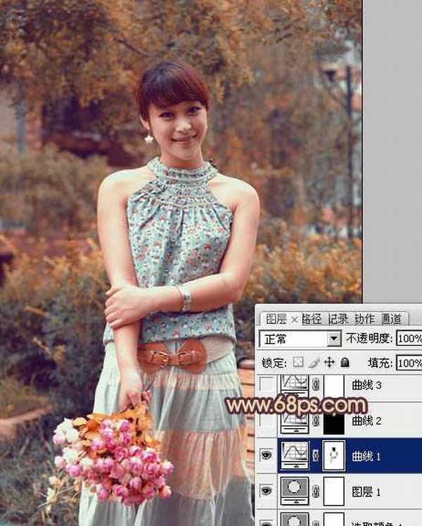 Photoshop为公园美女图片增加柔和的古典橙黄色效果