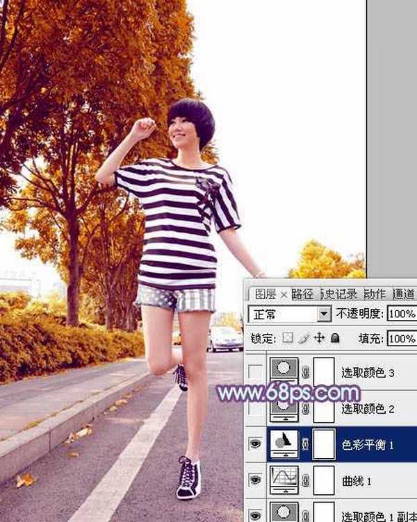 Photoshop将公路上的美女调制出清爽的紫绿色效果