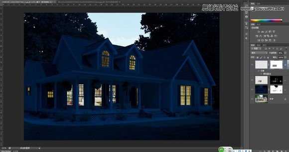 Photoshop把白天的别墅照片调成逼真的夜景效果